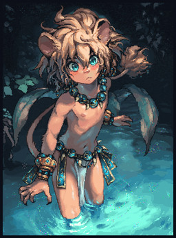 5_fingers anthro beaded_jewelry beaded_necklace beads blinking blue_eyes bottomwear clothed clothing fingers fur fur_tuft hair humanoid_face jewelry loincloth male navel necklace nipples plant round_ears skimpy slim tail tail_tuft tan_body tan_fur tuft water young young_humanoid young_male moonshen felid humanoid lion mammal pantherine animated hi_res
