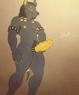 abs accessory anthro armpit_hair balls biceps big_balls big_penis biped black_body black_fur black_hair black_nose blue_eyes bodily_fluids body_hair claws cock_ring cum cumshot dreadlocks ear_piercing egyptian ejaculation erection fangs fur genital_fluids genitals hair humanoid_genitalia humanoid_penis jewelry male masturbation muscular muscular_anthro muscular_male nipples nude open_mouth orgasm pecs penile penile_masturbation penis penis_accessory penis_jewelry piercing pink_tongue simple_background smile solo standing teeth thick_penis tongue vein veiny_penis yellow_inner_ear yellow_nipples yellow_penis glopossum baron_von_jackal anubian_jackal canid canine canis jackal mammal digital_media_(artwork)
