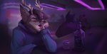 alcohol alcohol_bottle anthro antlers bar beverage clothed clothing eyewear glasses group hair hand_on_face horn male male_focus sweater topwear kirkir background_character canid canine canis deer lagomorph leporid mammal rabbit wolf 2021 digital_drawing_(artwork) digital_media_(artwork) hi_res signature