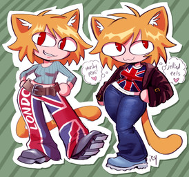 :3 belt blonde_hair bottomwear clothing cosplay crossover_cosplay denim denim_bottomwear denim_clothing female grin hair jacket jeans midriff pants pupils red_eyes slit_pupils smile solo tail text thought_bubble topwear union_jack union_jack_clothing union_jack_pants iseenudepeople aardman_animations british_broadcasting_corporation doctor_who flushed_away tsukihime type-moon neco-arc rita_malone rose_tyler animal_humanoid cat_humanoid felid felid_humanoid feline feline_humanoid humanoid mammal mammal_humanoid neco_spirit tailed_humanoid 2025 crossover english_text hi_res