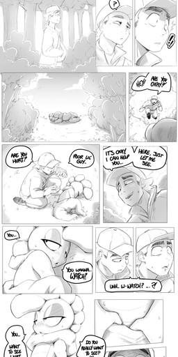 anthro biped bodily_fluids clothed clothing detailed_background dialogue duo exclamation_point eyebrows eyes_closed female hair hat headgear headwear male on_ground open_mouth plant question_mark shrub speech_bubble sweat tail teeth text shoutingisfun nintendo pokemon generation_5_pokemon human mammal pokemon_(species) scrafty absurd_res english_text hi_res monochrome