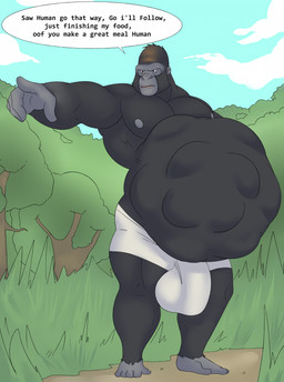abdominal_bulge after_vore anthro belly big_belly big_bulge black_body black_fur bulge clothing detailed_bulge dialogue fur genital_outline huge_belly huge_bulge male male_pred muscular muscular_arms muscular_male nipples pecs penis_outline same_size_vore solo struggling struggling_prey text underwear vore unrealrui planet_of_the_apes sylva ape gorilla haplorhine mammal primate digital_media_(artwork) english_text hi_res