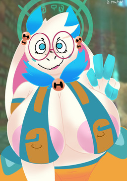 anthro areola bell big_areola big_breasts blush breasts clothed clothing eyewear female floppy_ears fur gesture glasses hand_gesture huge_breasts nipple_outline nipples partially_clothed pink_areola solo thick_thighs v_sign white_body white_fur day74art atlyss angela_flux bovid caprine goat mammal oathkin_(atlyss) hi_res