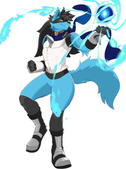 anthro aura boots clothing collar ear_piercing ear_ring footwear fur gloves handwear male multicolored_body multicolored_fur piercing ring_piercing scarf shoes solo yellow_eyes haozhufu nintendo pokemon foofy_(foofybluedoggo) canid canine generation_4_pokemon lucario mammal pokemon_(species) 3:4 hi_res