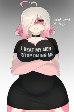 anthro big_breasts blush breasts clothing crossed_arms ears_down female fur hair large_shirt looking_at_viewer pink_body pink_fur pivoted_ears simple_background slightly_chubby slightly_chubby_anthro slightly_chubby_female solo text lovelock canid canine canis mammal wolf 2026 english_text hi_res