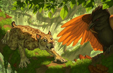 4_toes 5_fingers beak day detailed_background duo feathers feet feral fingers forest fur fwi jungle markings moss orange_body orange_feathers outside plant semi-anthro spots spotted_body spotted_fur toes tree yellow_eyes katie_hofgard avian felid feline lynx mammal 2015 digital_media_(artwork)