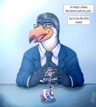 anthro ball beak biped clothed clothing duo eyewear glasses hat headgear headwear male necktie size_difference tail text bastionshadowpaw john_oliver avian bird mammal mouse murid murine rodent toucan english_text hi_res