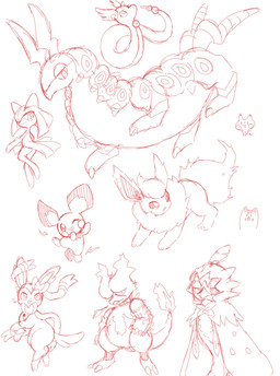 ambiguous_gender anthro beak feathers feral fire flaming_tail fluffy fluffy_tail group horn one_eye_closed open_mouth pseudo_clothing pseudo_hair simple_background tail wings wink yakiniku628 nintendo pokemon decidueye dragonair eeveelution flareon generation_1_pokemon generation_2_pokemon generation_3_pokemon generation_5_pokemon generation_6_pokemon generation_7_pokemon kirlia magmar pichu pokemon_(species) scolipede sylveon absurd_res hi_res monochrome sketch
