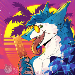 anthro biceps blue_body blue_fur eyewear fangs food fur glasses hair licking looking_at_viewer male multicolored_body multicolored_fur open_mouth outside popsicle seaside smile solo summer synthwave teeth tongue tongue_out white_body white_fur mattiyyah_lion sergal 1:1 absurd_res digital_media_(artwork) hi_res