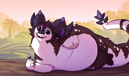 ambiguous_gender amputee anthro belly big_belly black_body black_fur disability fur glistening glistening_eyes horn looking_at_viewer lying missing_arm nude on_side outside overweight purple_eyes purple_horn smile solo white_body white_fur kolaa hi_res