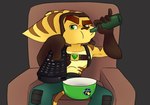 anthro beverage bottomwear bowl brown_nose brown_stripes clothing container drinking eyebrows fur furniture gloves green_eyes handwear headgear looking_at_viewer male pants sitting sofa solo straps striped_body striped_ears striped_fur stripes tv_remote yellow_body yellow_fur arixbyte ratchet_and_clank sipping_beer_on_a_couch_stock_image sony_corporation sony_interactive_entertainment ratchet_(ratchet_and_clank) lombax mammal 2025 absurd_res hi_res