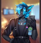 anthro bisexual_pride_colors black_choker black_clothing black_gloves black_handwear black_jewelry black_necklace black_sclera blue_eyes blue_hair blurred_background cellphone choker clothed clothing countershade_face countershade_scales countershading ear_piercing electronics eyebrow_through_hair eyebrows facial_piercing fingerless_gloves gauged_ear gloves grey_body grey_scales hair handwear holding_cellphone holding_object holding_phone holding_smartphone industrial_piercing inside jewelry lgbt_pride lip_piercing logo male necklace phone phone_charm piercing pride_colors scales selfie smartphone solo teeth translucent translucent_hair mayrin_(artist) augustus_hibernia sophia_a._babylon fish marine shark 2024 absurd_res artist_logo digital_media_(artwork) hi_res shaded