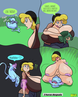 anthro balls bestiality big_breasts big_penis blue_body breasts clothing duo ejaculation female feral genitals huge_breasts human_penetrated interspecies male male/female nipples penetration penis pokephilia text vaginal vaginal_penetration vulva kuge nintendo pokemon milian_(mew_lindo) generation_1_pokemon human legendary_pokemon mammal mew_(pokemon) pokemon_(species) shiny_pokemon comic hi_res spanish_text