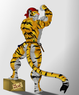 anthro armband athletic biceps big_muscles biped black_body black_fur butt clothing ear_piercing fangs feet fist flexing fur green_eyes hammer kerchief lamp lantern looking_at_viewer looking_back looking_back_at_viewer male manly muscular muscular_anthro muscular_male nude package piercing pink_nose pose raised_arm raised_fist raised_hand rear_view screwdriver shadow simple_background solo standing stripes teeth tool_belt tools white_body white_fur worker yellow_body yellow_fur fastspeedy kindle_(character) felid mammal pantherine tiger 2012 hi_res