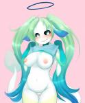 alternate_species areola black_sclera blue_hair blush bottomless breasts brighty_(lazylogic) chao_(sonic) clothed clothing clothing_lift digital_media_(artwork) female genitals green_hair grin hair halo hero_chao hi_res humanoid humanoidized lazylogic looking_at_viewer multicolored_hair navel nipples not_furry pigtails pink_background portrait pussy sega shirt shirt_lift simple_background slightly_chubby smile solo sonic_the_hedgehog_(series) three-quarter_portrait topwear two_tone_hair white_eyes