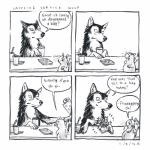 1:1 2015 4koma absurd_res anne_barnetson base_two_layout black_nose canid canine canis comic customer_service_wolf dialogue duo english_text exclamation_point feral four_frame_image grid_layout hi_res mammal question_mark rodent sciurid snout speech_bubble text traditional_media_(artwork) tree_squirrel two_row_layout wolf