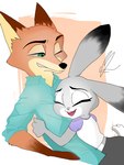 anthro brown_body brown_fur clothed clothing dipstick_ears duo ear_markings eyes_closed female fully_clothed fur grey_body grey_fur male multicolored_ears one_eye_closed orange_body orange_fur simple_background tan_background white_background bubblecop disney zootopia judy_hopps nick_wilde canid canine fox lagomorph leporid mammal rabbit red_fox true_fox signature