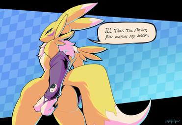 anthro arm_tuft armwear big_butt black_sclera blue_eyes breasts bridal_gauntlets butt checkered checkered_background chest_tuft claws clothing countershade_torso countershading covering_butt dipstick_ears dipstick_tail ear_markings female gloves_(marking) looking_at_viewer looking_back looking_back_at_viewer markings multicolored_body multicolored_ears pattern_background rear_view shoulder_tuft simple_background small_breasts solo tail tail_markings talking_to_viewer text thick_thighs tuft white_body wide_hips yellow_body yin_yang parabellux bandai_namco digimon digimon_(species) renamon 2025 absurd_res digital_drawing_(artwork) digital_media_(artwork) english_text hi_res