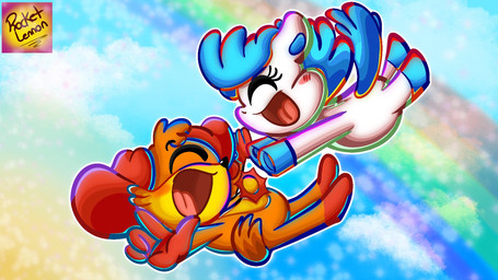 anthro blue_hair blush duo female hair horn love male orange_body rainbow smile tail white_body rocketlennon mob_entertainment mythology poppy_playtime smiling_critters craftycorn dogday_(poppy_playtime) canid canine canis domestic_dog equid equine mammal mythological_creature mythological_equine unicorn 16:9 hi_res widescreen