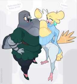 anthro barefoot beak belly big_belly big_breasts big_butt black_bottomwear black_clothing black_pants blue_clothing blue_sweater blue_topwear bottomwear breast_squish breasts breasts_frottage butt cleavage cleavage_cutout clothed clothing cutout dialogue duo ear_piercing eyelashes eyewear feathers feet female footwear glasses green_clothing green_shirt green_topwear grey_body grey_feathers hand_on_hip hands_behind_back high_heels huge_breasts huge_thighs markings mature_female non-mammal_breasts overweight overweight_anthro overweight_female pants piercing shirt shoes squish striped_markings stripes sweater tail tail_feathers teal_eyes text thick_thighs topwear waist_belt white_bottomwear white_clothing white_pants yellow_body yellow_eyes yellow_feathers doodledox angie_baker dee_(doodledox) avian bird canary columbid finch oscine passerine pigeon 2024 english_text hi_res