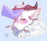 2019 aldy_(aldyderg) blush dialogue digital_media_(artwork) disembodied_hand dragon duo embarrassed english_text eyebrows facial_markings fur furred_dragon furred_scalie good_boy head_markings headshot_portrait hi_res horn male markings mythological_creature mythological_scalie mythology petting portrait reptile scalie simple_background text white_body white_fur yellow_sclera zanles_(artist)