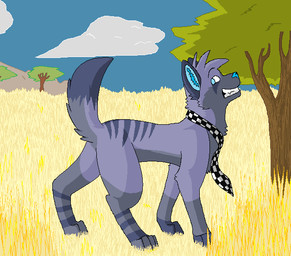 accessory ambiguous_gender blue_eyes blue_inner_ear_fluff blue_nose blue_sky checkered_necktie cloud day detailed_background digitigrade eyebrows feral fur grass grey_body grey_fur grin head_tuft inner_ear_fluff necktie outside pattern_necktie paws plant raised_tail side_view sky smile smirk snout solo standing tail teeth toony tree tuft yellow_grass sebdoggo canid canine mammal 2009 aliasing cel_shading digital_drawing_(artwork) digital_media_(artwork) microsoft_paint_(artwork) shaded