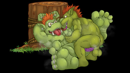 anal anal_penetration anthro anus balls bdsm brown_rope butt duo ear_piercing ear_ring erection feet foreskin genitals green_body hair handjob male male/male male_penetrated male_penetrating male_penetrating_male mohawk nipples pecs penetration penile penile_penetration penis penis_in_ass piercing red_hair ring_piercing rope sex soles toes tongue tusks seamaster bandai_namco digimon digimon_(species) goblimon 16:9 hi_res widescreen