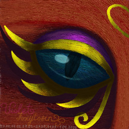 anthro blue_eyes eye_of_horus eyeshadow female golden_markings heart_(marking) heart_symbol makeup markings profanity purple_eyeshadow red_body solo text violet_foxytosin queen_vivienne_(violet_foxytosin) felid lion mammal pantherine 1:1 2026 dated digital_media_(artwork) english_text hi_res krita_(artwork) signature trans_(lore) trans_woman_(lore)