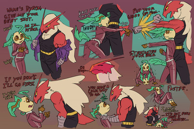 anthro biped blue_eyes brown_eyes clothed clothed_male clothing dialogue digitigrade exercise hand_on_shoulders jacket male male_anthro motion_lines push-up red_body simple_background sit-up tail text topwear tracksuit training vonepitaph nintendo pokemon byron_(vonepitaph) kale_(vonepitaph) blaziken eeveelution generation_3_pokemon generation_4_pokemon leafeon pokemon_(species) 2025 comic digital_media_(artwork) english_text hi_res