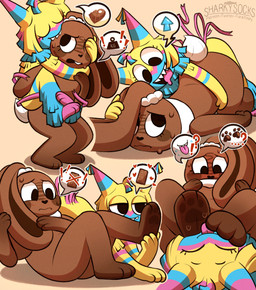 anthro blush bodily_fluids candy chocolate chocolate_bunny dessert duo excited feet female female/female food foot_fetish foot_lick foot_on_face foot_play happy licking looking_at_foot nervous no_genitals on_top pinata speech_bubble sweat sweatdrop sweaty_feet tongue sharkysocks blushcrunch_studio dandy's_world roblox cocoa_(dandy's_world) yatta_(dandy's_world) animate_inanimate food_creature lagomorph leporid living_candy living_chocolate living_pinata mammal rabbit hi_res