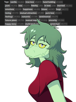 anthro breasts clothed clothed_anthro clothed_female clothing female freckled_arms freckled_face freckles green_body green_hair grey_eyes hair happy head_turned long_hair looking_at_viewer medium_breasts narrowed_eyes non-mammal_breasts red_clothing red_shirt red_topwear screencap shirt side_view simple_background smile solo text topwear white_background yellow_sclera big_daddy_(artist) cavemanon_studios i_wani_hug_that_gator olivia_halford baryonyx dinosaur prehistoric_species reptile saurischian scalie spinosaurid theropod 3:4 colored english_text half-length_portrait hi_res portrait shaded