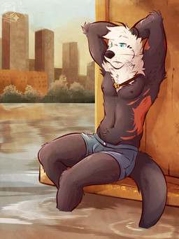 abdominal_scar against_surface against_wall anthro arm_scar armpit_tuft black_body black_fur black_nipples black_nose blue_eyes bottomwear city city_background cityscape clothed clothing denim denim_bottomwear denim_clothing denim_shorts fur hair hands_behind_head head_tuft hotpants jewelry looking_down male navel necklace nipples partially_submerged pecs plant sad scar shirtless_male short_hair shorts shorts_only sitting slim_male solo tail text topless topless_anthro topless_male tree tuft water whisker_spots whiskers white_body white_fur white_hair ventkazemaru juan_wallace mammal mustelid otter sea_otter 2024 artist_name dated hi_res signature
