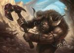 anthro atmospheric_perspective axe battle_axe beard big_muscles blue_sky bone chain charging claws facial_hair fantasy_weapon front_view holding_object holding_weapon horn male melee_weapon muscular muscular_anthro muscular_male rock skull sky snarling solo valley weapon white_eyes wraps phill_simmer european_mythology greek_mythology hasbro magic:_the_gathering mythology wizards_of_the_coast bovid bovine mammal minotaur official_art restricted_palette