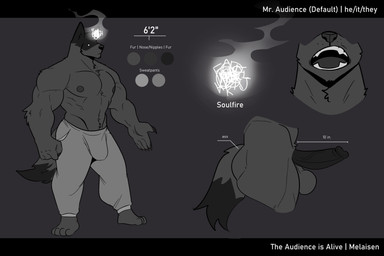 5_fingers anthro arm_tuft balls barefoot black_border black_glans black_penis black_tail_tip border bottomwear clothed clothing color_swatch dipstick_tail dot_eyes elbow_tuft feet fingers fur genitals glans grey_background grey_balls grey_body grey_fur humanoid_genitalia humanoid_hands humanoid_penis male male_anthro markings mouth_closed open_mouth pants pecs penis pronouns simple_background simple_eyes solid_circle_eyes solo tail tail_markings teeth text topless topless_anthro topless_male tuft two_tone_tail white_glow white_text melaisen mr._audience_(melaisen) canid canine canis domestic_dog mammal 2023 absurd_res digital_drawing_(artwork) digital_media_(artwork) english_description english_text full-length_portrait greyscale hi_res letterbox model_sheet monochrome multiple_images portrait
