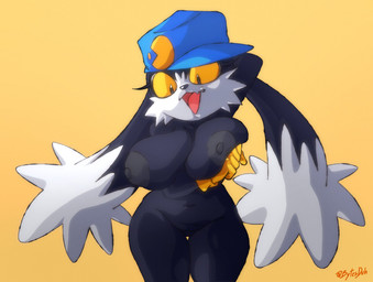 anthro areola big_breasts black_body black_eyes black_fur black_nose blue_clothing blue_hat blue_headwear breasts cheek_tuft clothing crossgender eyelashes facial_tuft female fur genitals gloves gloves_only grey_areola grey_nipples handwear handwear_only hat hat_only headgear headgear_only headwear headwear_only huge_breasts mostly_nude mtf_crossgender navel nipples nude simple_background solo thick_thighs tuft vulva white_body white_fur wide_hips yellow_background yellow_clothing yellow_gloves yellow_handwear yellow_sclera bytesduh bandai_namco klonoa_(series) klonoa domestic_cat felid feline felis hybrid lagomorph leporid mammal rabbit hi_res