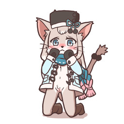 anthro blue_eyes blush bottomless clitoris clothed clothing coat female flat_chested fur genitals gloves hair handwear hat headgear headwear kneeling looking_at_viewer navel open_clothing open_coat open_topwear scarf solo tan_body tan_fur tan_hair topwear vulva young young_anthro young_female starman75042 cat_busters melia_(cat_busters) domestic_cat felid feline felis mammal 1:1