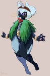 anthro clothing coat_cape female hair horn legwear multicolored_body paws short_stack solo thigh_highs whiskers wide_hips unknown_artist capcom monster_hunter bryoni felid felyne lynian mammal palico hi_res