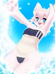 4_fingers anthro beach blue_eyes breasts clothing female female_anthro fingers happy kemono one-piece_swimsuit raised_arms seaside small_breasts smile solo swimwear translucent translucent_clothing translucent_swimwear water sukendo gris_swimsuit meme_clothing neu_(sukendo) canid canine fennec_fox fox mammal true_fox absurd_res hi_res meme