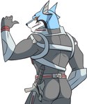 anthro black_body black_fur blue_body blue_fur butt clothing facial_hair fur gesture goatee grey_clothing grey_suit hand_gesture male open_mouth pointing simple_background smile solo suit teeth_showing three-quarter_view weapon white_background white_body white_fur thegreatmatsutzu power_rangers doggie_kruger canid canine mammal