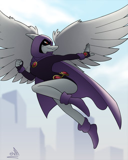 anthro bent_leg biped black_clothing black_legwear black_tights blue_body bone_frill cape city city_background clothed clothed_anthro clothing cloud cosplay day feathered_wings feathers female fingers flying frill_(anatomy) grey_body grey_feathers head_turned humanoid_hands legwear looking_back low-angle_view markings outside plantigrade pose purple_cape purple_clothing red_eyes side_view sky smile smirk solo striped_markings stripes superhero_costume text tights wings ok-nobody-3893 dc_comics goodbye_volcano_high ko_op_(game_developer) fang_(gvh) raven_(dc) prehistoric_species pterosaur reptile scalie 2025 4:5 artist_name colored digital_media_(artwork) shaded