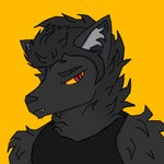 1:1 anthro black_body black_clothing black_fur black_hair black_mane black_nose black_topwear broad_shoulders canid canine canis clothed clothing dredmor eyebrow_slit eyebrows fangs fluffy frown fully_clothed fur grumpy hair head_tuft hi_res hiruton inner_ear_fluff male mammal mane messy_fur muscular muscular_anthro muscular_male neck_tuft red_eyes scowl shaded shirt short_hair simple_background simple_shading snout solo tank_top teeth thick_neck topwear tuft unknown_species yellow_background yellow_sclera