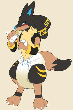 ageplay anthro armwear black_armwear black_body black_clothing black_fur blue_eyes blue_nose bodily_fluids bottle brown_body brown_fur clothed clothing container diaper fur genital_fluids glistening glistening_eyes holding_bottle holding_container holding_object infantilism looking_at_viewer male male_anthro markings mouth_closed roleplay solo standing urine wearing_diaper white_diaper yellow_armwear yellow_body yellow_clothing yellow_fur yellow_markings hardscales nintendo pokemon generation_4_pokemon lucario pokemon_(species) hi_res