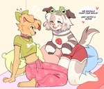 anthro biped clothed clothing dialogue duo female floppy_ears fur one_eye_closed open_mouth open_smile pillow smile speech_bubble tail text cherry_beries berri_(cherry_beries) canid canine canis domestic_dog mammal english_text hi_res