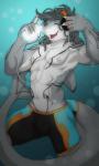 2016 5_fingers abs anthro biceps bulge cellphone claws clothed clothing conditional_dnp digital_media_(artwork) dorsal_fin electronics eyes_closed fin fingers fish grey_hair hair headphones hi_res male marine muscular muscular_anthro muscular_male navel nipple_piercing nipples open_mouth pecs phone piercing rhodyn_(shibiru) shark solo swimming_trunks swimwear tail tail_fin tojo_the_thief tongue topless