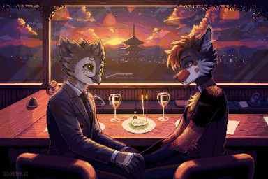 alcohol anthro anthro_on_anthro beak beverage biped brown_body brown_eyes brown_fur brown_hair chair clothed clothed_anthro clothed_male clothing cloud container cup drinking_glass duo feathers fingers food fur furniture glass glass_container glass_cup grey_body grey_eyes grey_feathers grey_fur hair hand_holding happy humanoid_hands inside interspecies japanese_architecture looking_at_another male male/male plate romantic romantic_ambiance romantic_couple short_hair sitting sky smile star starry_sky sunset text uwu white_body white_feathers white_fur window wine wine_glass sogemaji ambient_bird avian bird canid canine fox mammal owl 2025 3:2 animated artist_name colored digital_media_(artwork) loop pixel_(artwork) shaded watermark