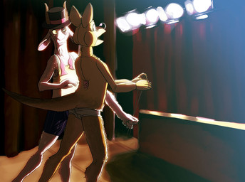 anthro clothing doll duo hand_puppet hat headgear headwear male performance puppet spotlight stage tail theater top_hat transformation underwear ventriloquism swatcher animate_inanimate bovid caprine goat kangaroo living_doll macropod mammal marsupial