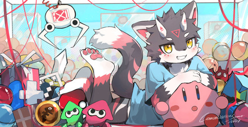 2_horns anthro biped blue_clothing blue_shirt blue_t-shirt blue_topwear blush blush_lines box claw_machine clothing container crane_(machine) crane_game feet fur gift_box grey_body grey_fur grin grinning_at_viewer hindpaw horn kemono looking_at_viewer male markings melee_weapon pawpads paws plushie red_markings shirt smile smiling_at_viewer solo sword t-shirt topwear weapon white_body white_fur yellow_eyes mag_inu domestic_cat felid feline felis mammal 2024 absurd_res cel_shading digital_drawing_(artwork) digital_media_(artwork) hi_res shaded wallpaper