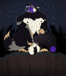 abs anthro ball_tuft balls big_balls big_muscles big_penis big_pubes black_body black_claws black_fur black_nipples black_penis bodily_fluids claws crouching empty_eyes fangs foreskin front_view fur genitals glans grass grey_body grey_fur huge_balls huge_muscles huge_penis humanoid_genitalia humanoid_penis hyper hyper_genitalia hyper_penis male male_anthro muscular muscular_anthro muscular_male navel night nipples nude open_mouth outside pecs penis plant pubes purple_eyes purple_glans purple_tongue saliva saliva_string solo tan_body tan_fur tar teeth tongue tongue_out tree tuft vein veiny_penis white_body white_fur gryblak blackmist333 canid canine mammal hi_res