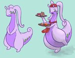 ambiguous_gender beverage big_tail bottom_heavy clothed clothing food green_eyes hat headgear headwear nude purple_body raised_leg scarf simple_background smile solo standing tail tailbutt thick_tail thick_thighs waiter wide_crotch pyritie mythology nintendo pokemon pokemon_cafe_remix dragon generation_6_pokemon goodra mythological_creature mythological_scalie pokemon_(species) scalie 2020 digital_media_(artwork) hi_res