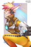 2:3 anthro blizzard_entertainment clothed clothing cosplay digital_media_(artwork) eyelashes felid female hi_res kazibug looking_at_viewer mammal overwatch smile solo teeth tracer_(overwatch)